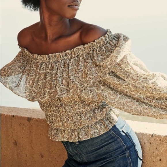 NWT Doen Luce Cotton Ruffle Off Shoulder Crop Blouse Top Cream Tisbury Paisley - Picture 2 of 13